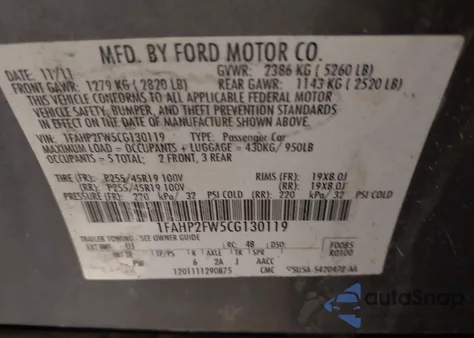 2012 Ford Taurus Limited from USA, damaged, VIN 1FAHP2FW5CG130119